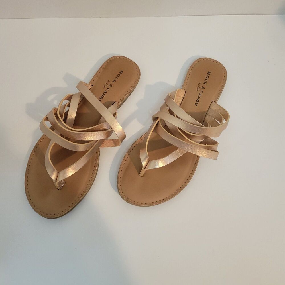 Rock & Candy by Zigi Womens Sandals Size 7.5 Rose Gold Strappy Flat Thong Slides